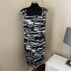 Calvin Klein Monochrome Square Neck Cap Sleeve Black White Midi Dress Size 14W
